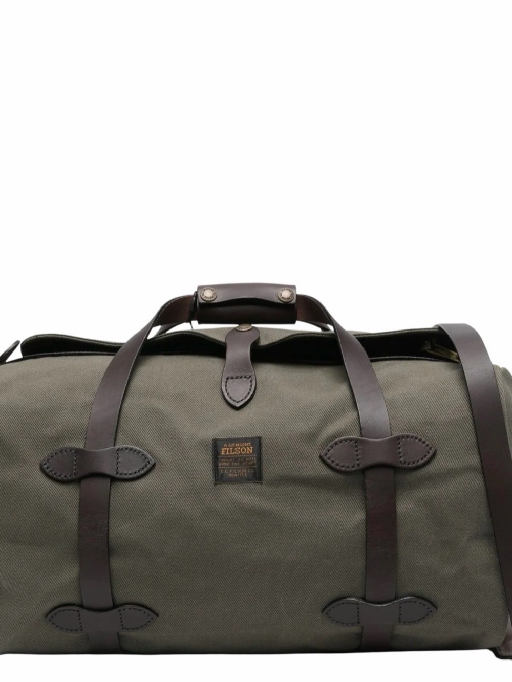 Filson Olive Canvas Duffel with Brown Leather Trim
